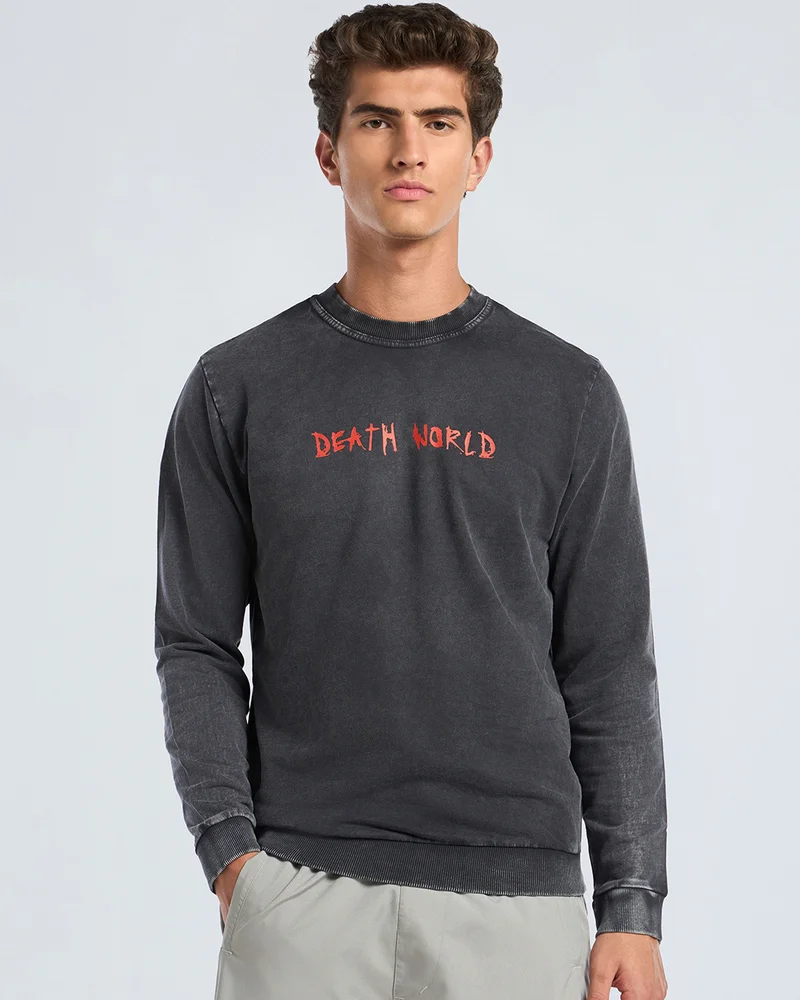 bewakoof Men's Black Deathnote Ryuk Graphic Printed Acid Wash Sweatshirt
